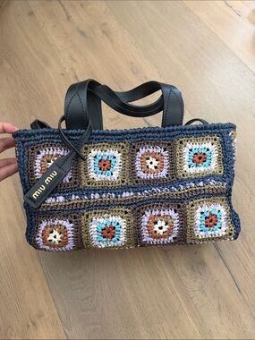 Miu Miu Navy Crochet Tote with Multicolor Square Panels